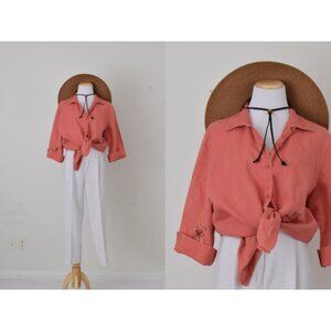 Vintage 90s Ramie Embroidered‎ Coral Button Blouse | size 16